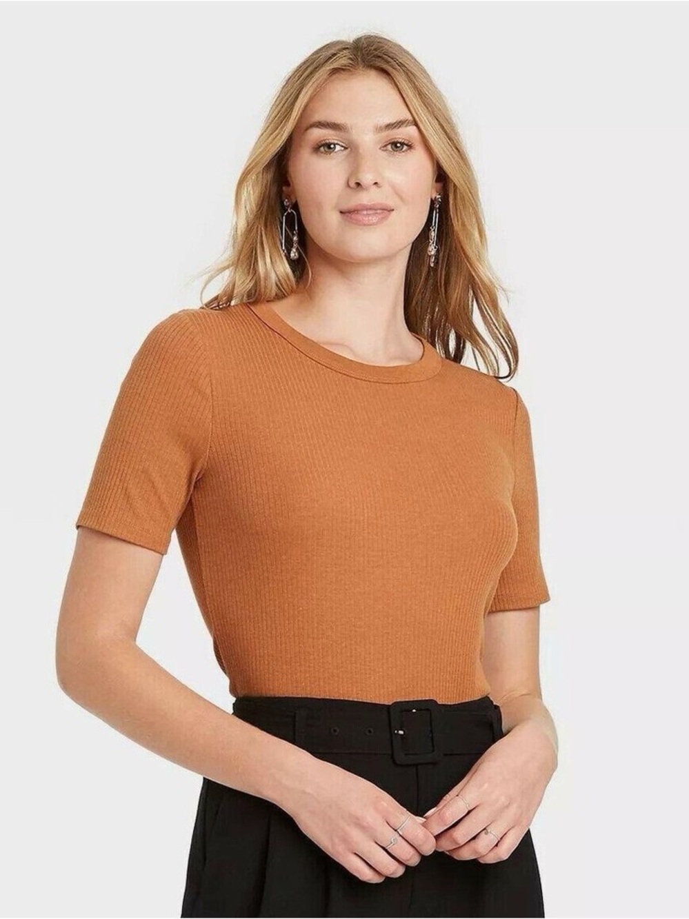 A New Day Women's Burnt Orange Ribbed Short Sleeve Knit Top - Size XXL - Picture 2 of 5